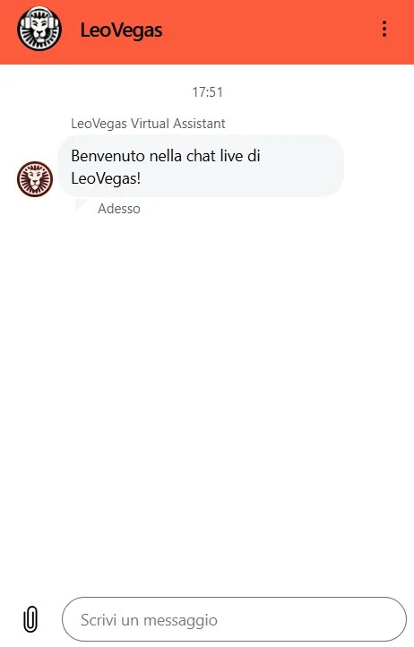 Finestra di live chat LeoVegas con messaggio di benvenuto dell’assistente virtuale e campo per scrivere