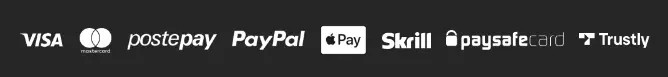 Metodi di pagamento LeoVegas con loghi Visa, Mastercard, Postepay, PayPal, Apple Pay, Skrill, paysafecard e Trustly