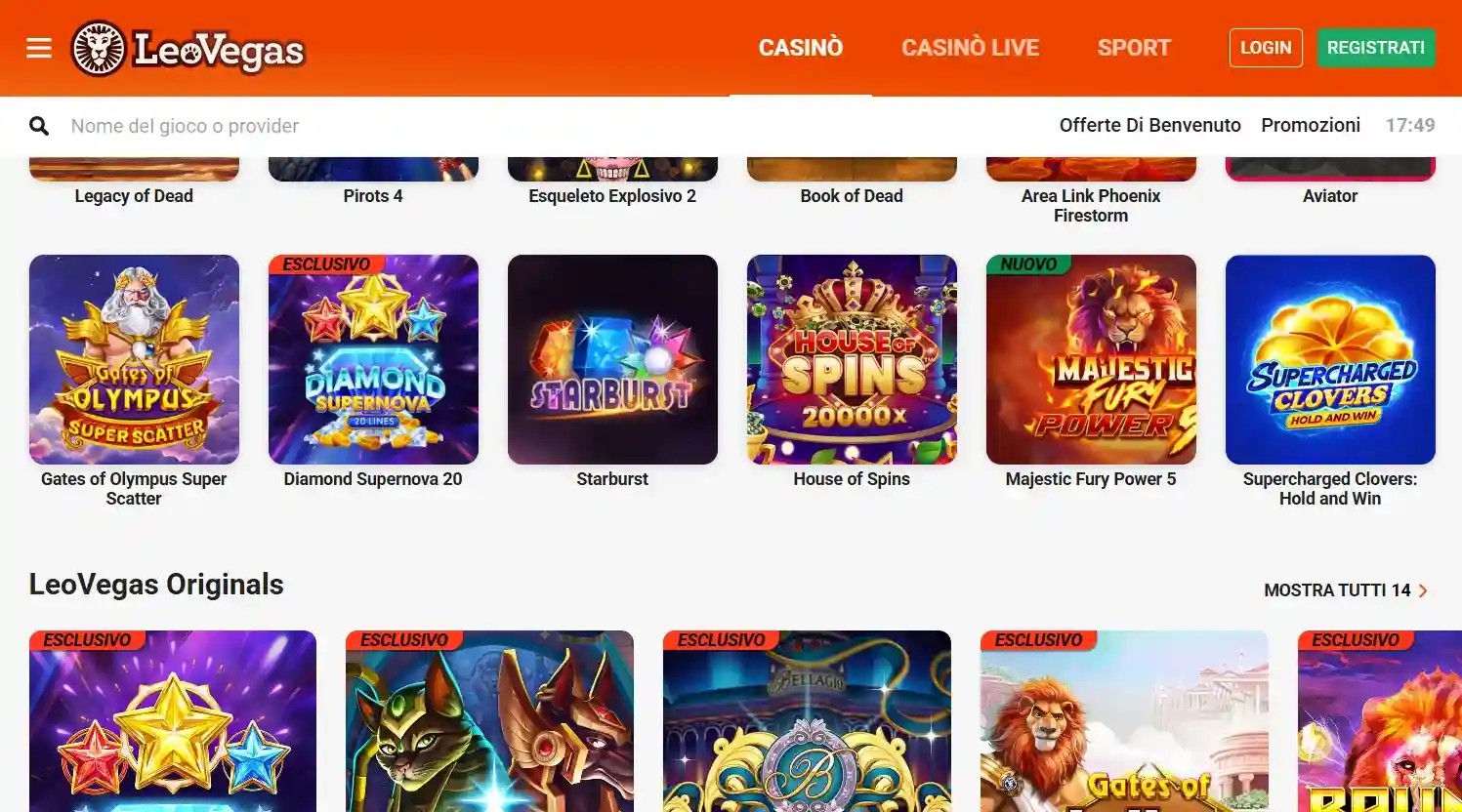 Lobby casinò LeoVegas Italia con slot popolari come Gates of Olympus, Diamond Supernova 20, Starburst e House of Spins